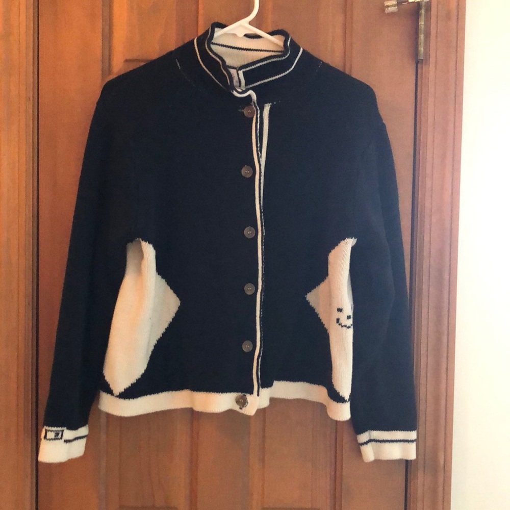 Black & white double-knit color block cotton cardigan